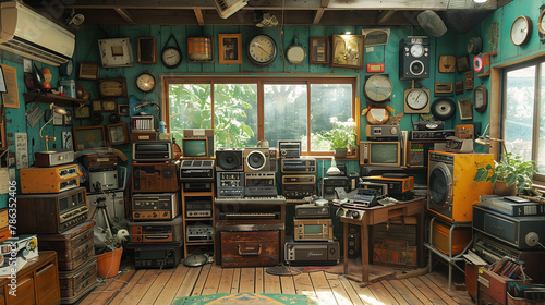 A room filled with an eclectic collection of vintage electronics including radios, televisions, and clocks, all arranged in a cluttered yet visually intriguing manner. photo