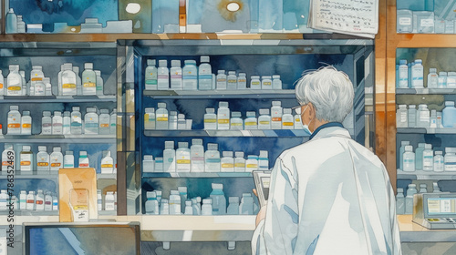 Elderly man standing in front of a pharmacy counter, looking at the available products and speaking with the pharmacist