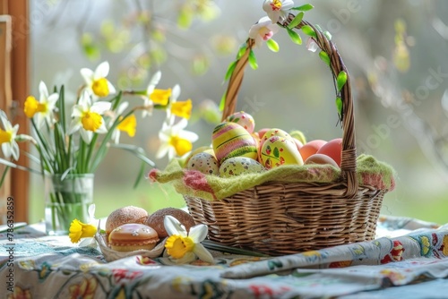 Easter themed still life with wicker basket filled with colorful eggs and vase of daffodils on a table