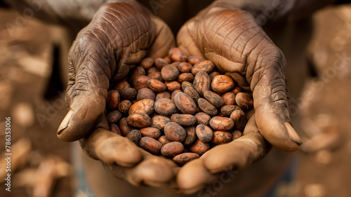A handful cocoa beans in the hands of an african farmar. Chocolate shortage photo