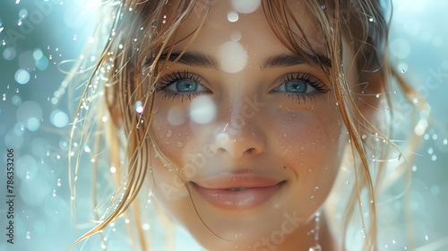 A photo of a blond woman smiling softly with water droplets on her eyelashes and cheeks, captured in a bright, steamy shower