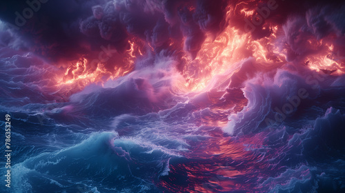 Dramatic scene of fiery red clouds above turbulent blue ocean waves  depicting a surreal and intense natural contrast.