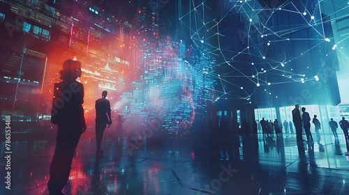 modern graphics illustrating the abstract operation of artificial intelligence, and in the background people standing in front of a modern building