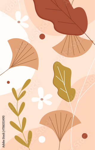 Abstract natural pattern with minimalist Ginkgo leaves, flowers and tree branches vector illustration