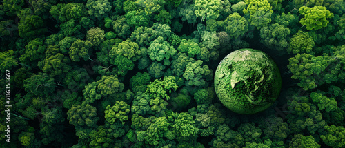Earth Day. World Environment Day. Aerial top view of green forest and globe planet Earth in the left