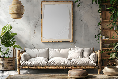 A mockup poster frame 3d render in a rustic shelf unit, above a stylish sofa, lounge, Scandinavian style interior design, hyperrealistic