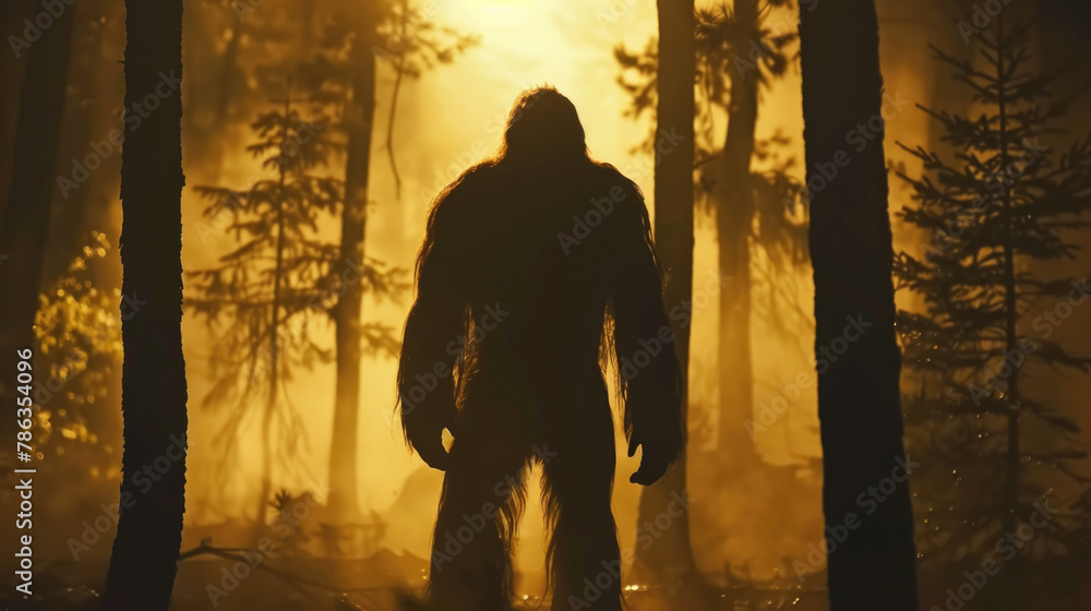 A large, hairy bigfoot creature standing tall amidst dense trees in a forest setting