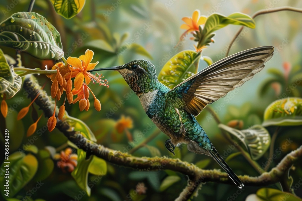 Naklejka premium Colorful hummingbird perched on a tree branch with orange flowers in the background nature wildlife art painting