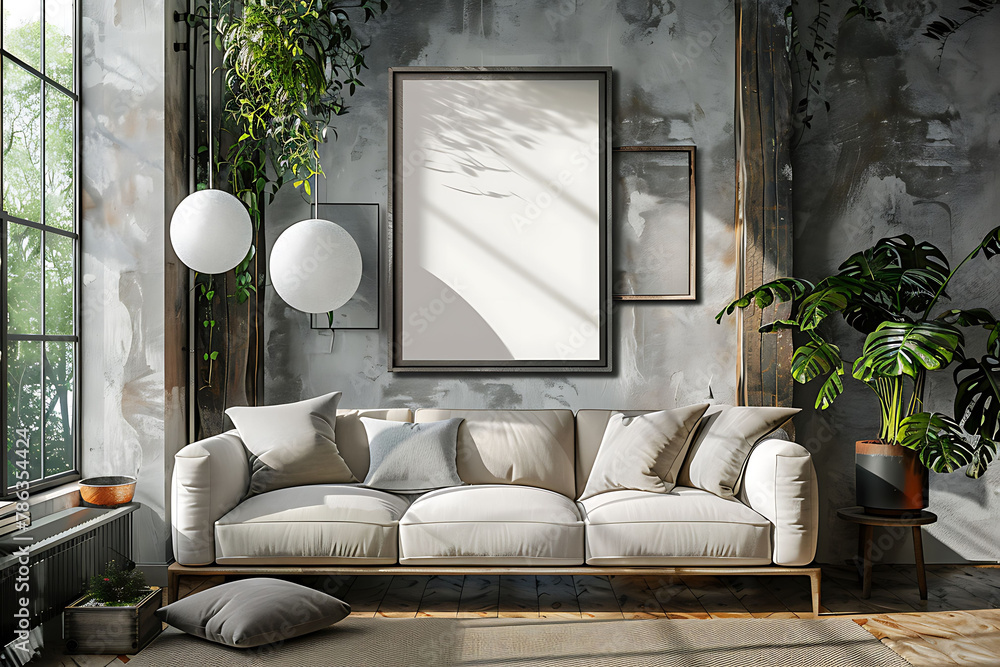 A mockup poster frame 3d render in an industrial shelving system, above a comfortable sofa, entertainment room, Scandinavian style interior design, hyperrealistic - obrazy, fototapety, plakaty 