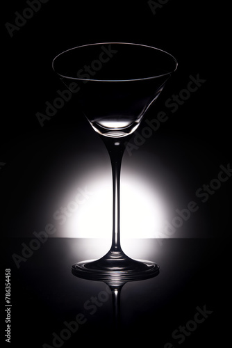 Empty martini glass in dramatic light against black