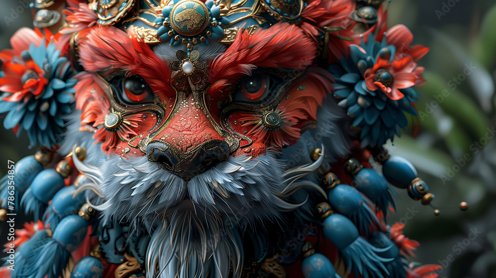 Intricate digital artwork of a mythical creature with a lion-like face adorned with ornate jewelry and floral decorations in vibrant colors.