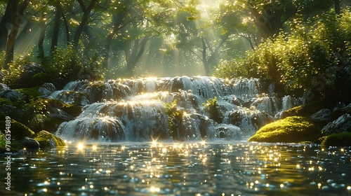 Focus on the shimmering surface of a sunlit stream as it cascades over moss-covered rocks  the rushing water blurring the reflections of overhanging branches and dappled sunlight.