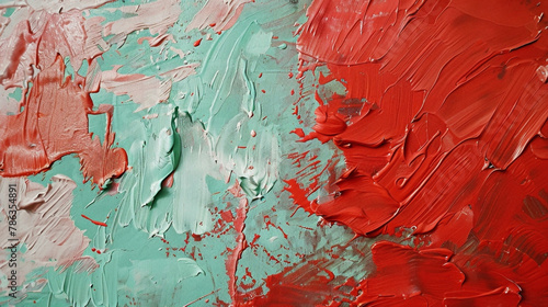 Red and mint paint strokes on a textured canvas.