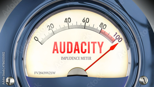 Audacity and Impudence Meter that is hitting a full scale, showing a very high level of audacity, overload of it, too much of it. Maximum value, off the charts. ,3d illustration