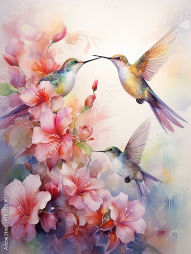 Hummingbirds with iridescent feathers and floral trails, hovering in a garden, ethereal watercolor , illustration