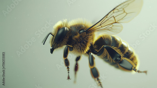 Macro photography captures the intricate details of a bee in mid-flight with a soft, defocused background. © Thinnawat