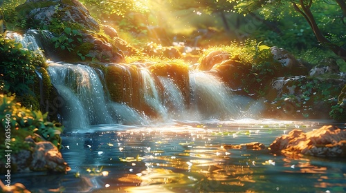 Focus on the shimmering surface of a sunlit stream as it cascades over moss-covered rocks, the rushing water blurring the reflections of overhanging branches and dappled sunlight.