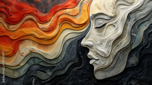 Abstract art featuring a wavy, colorful design that resembles a human face, blending orange, red, and gray tones.