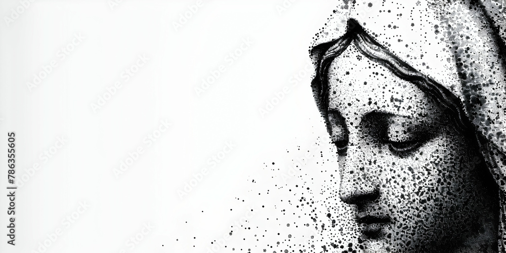 Face head portrait closeup of the Virgin Mary made of dots, biblical and spiritual religious illustration, sacred scene related to faith and Christianity