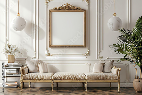 A mockup poster frame 3d render in an ornate gold frame 3d render, above a velvet cushion bench, surrounded by stacked coffee table books, in light and airy pastels, hyperrealistic photo