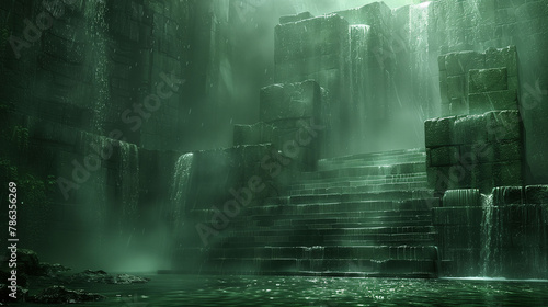 Mystical green-lit waterfall cascading down geometric rock formations in a serene, otherworldly setting. photo