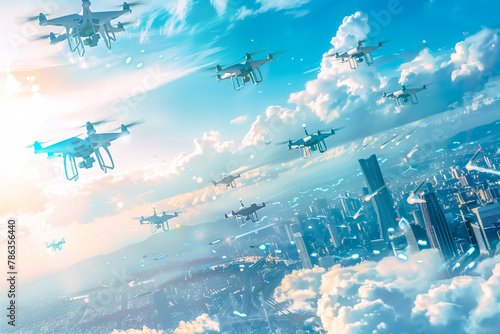 Fleet of drones flying above the city skyline with clouds.