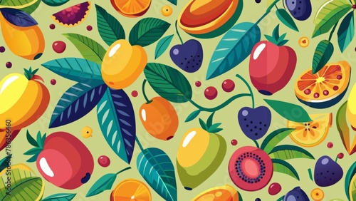 Colorful vector illustration of fruit and leaf seamless pattern background