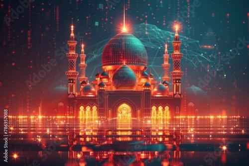 Spectacular Islamic Mosque Illuminated at Night with Water Reflections Background