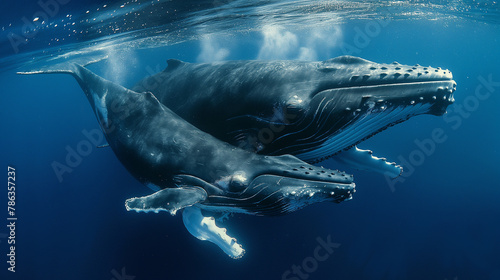 Humpback Whales Swimming Underwater: Majestic Marine Mammals in Ocean