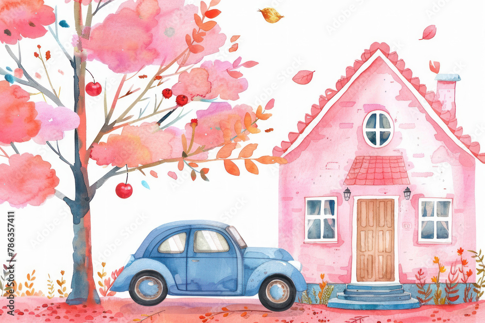 Fototapeta premium Hand drawn illustration of house and car in sketch style. 3d illustration.