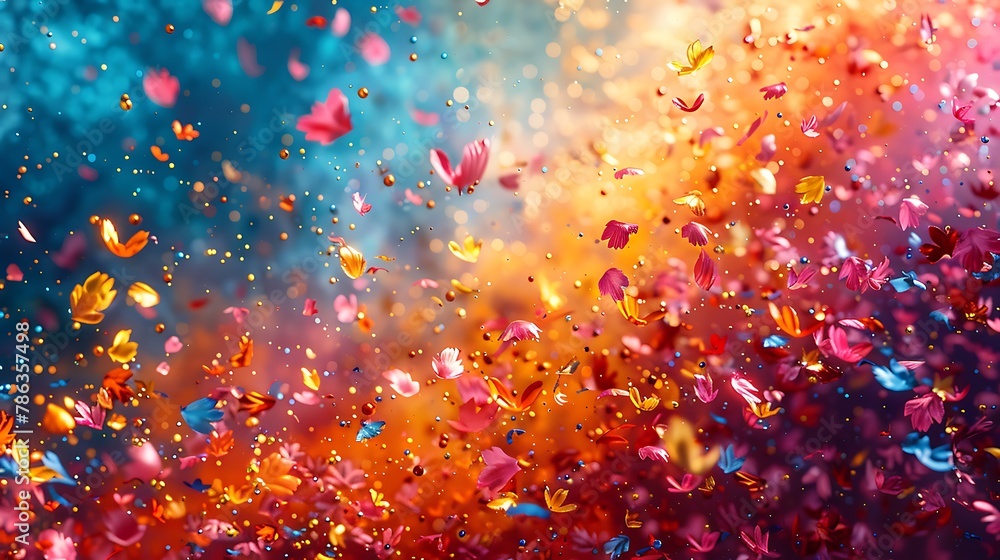 Focus on the swirling motion of colorful confetti as it rains down in celebration, creating a kaleidoscope of shapes and colors that blur and blend together in a joyous symphony of motion.