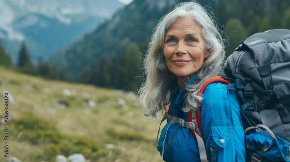 Senior woman smiling with a backpack in mountain terrain Senior woman smiling with a backpack in mountain terrain