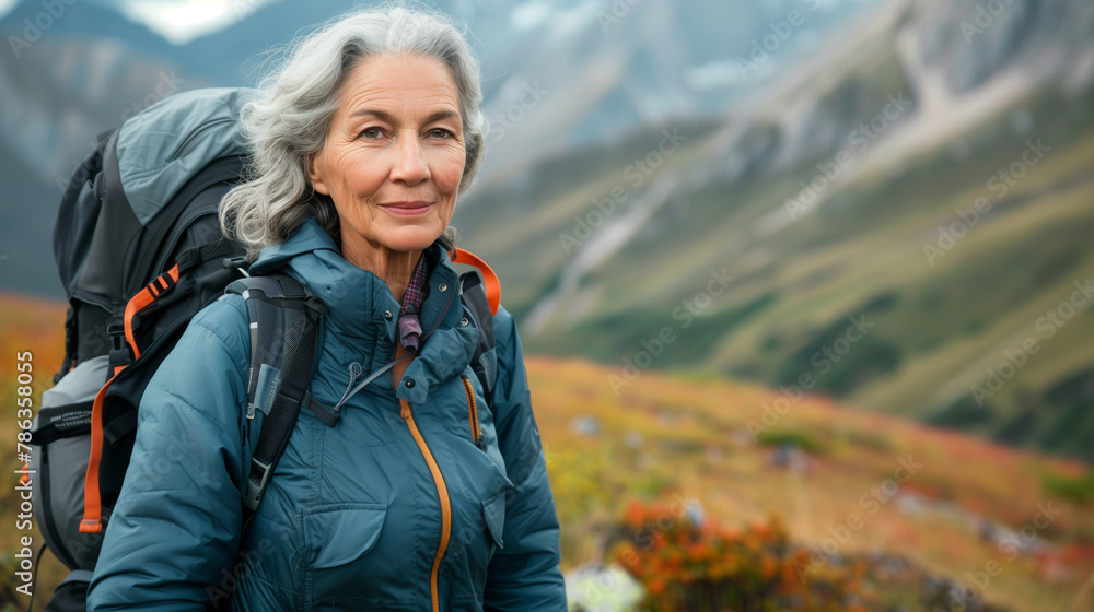 Mature woman with backpack hiking in the mountains