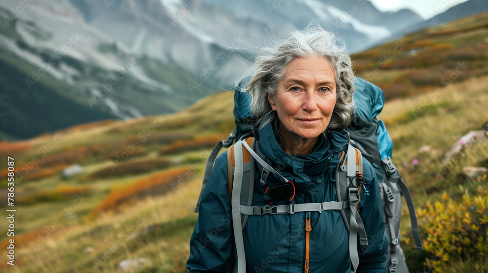 Mature hiker with backpack in alpine scenery.