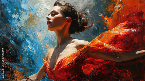 Contemporary Oil Painting of A Beautiful Women Ballerina Dancer Dancing in Orange Dress photo