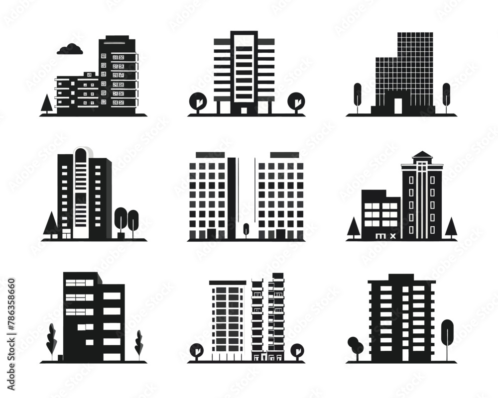 a set of black and white buildings a set of black and white buildings