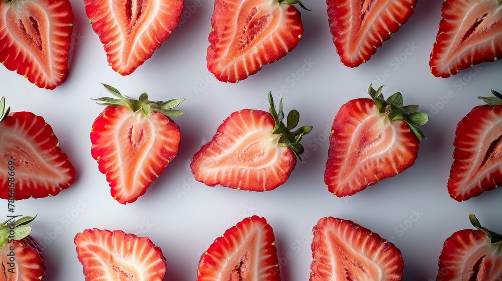 Bright red strawberry halves arranged in a circular pattern on a light grey background, leaving space on the left for text Bright red strawberry halves arranged in a circular pattern on a light grey background, leaving space on the left for text