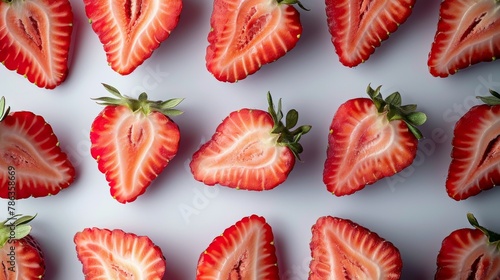 Bright red strawberry halves arranged in a circular pattern on a light grey background, leaving space on the left for text