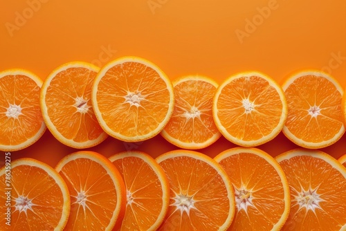 Bright segments of orange lined up on a vibrant orange background  with space at the top for text