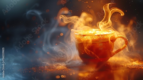 Focus on the swirling patterns of steam rising from a cup of hot coffee, curling and twisting in the air before dissipating into the surrounding space.
