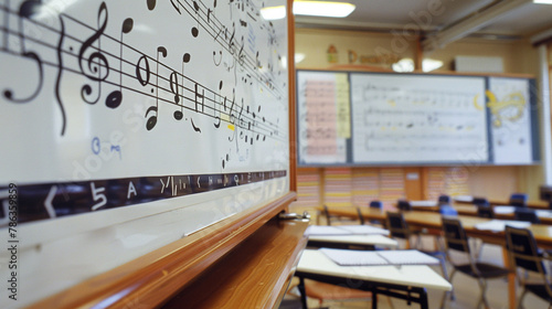 A close-up of a whiteboard in an empty classroom, filled with musical notes and a staff for sheet music. photo