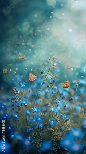 Blue background of forget-me-nots, butterflies and bokeh. Vertical orientation