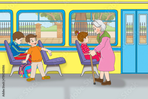 Slika na platnu A boy helping the old woman on the train.
