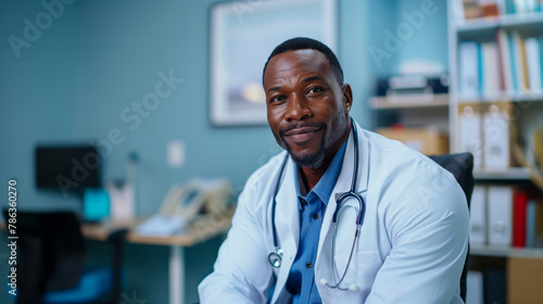 Confident male doctor smiling in medical office photo