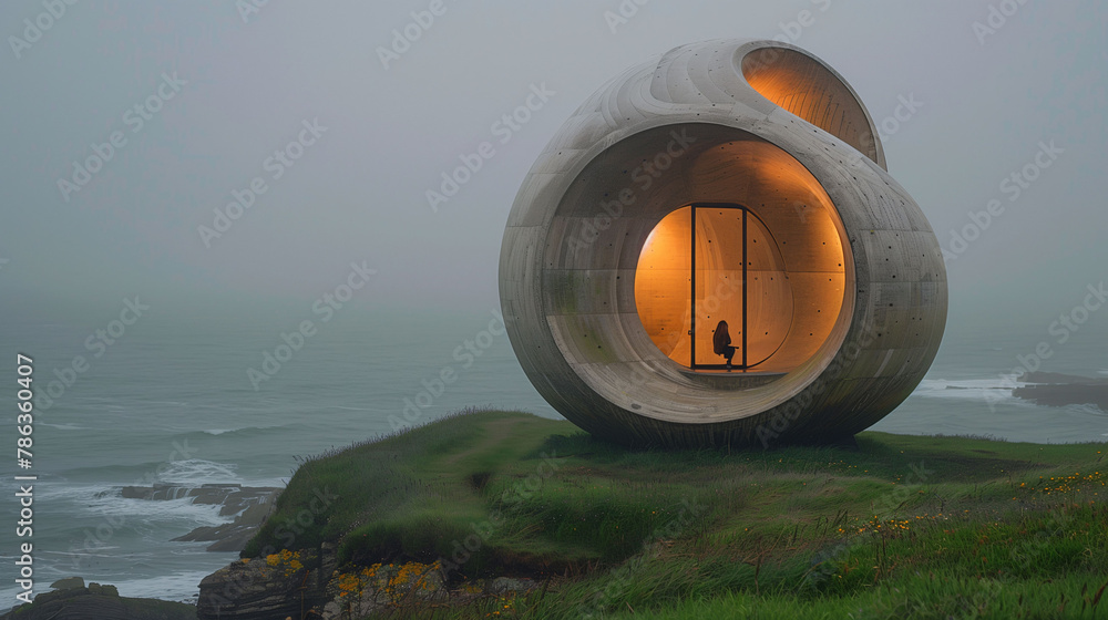 A person sitting inside a large circular concrete structure overlooking the sea on a foggy day.