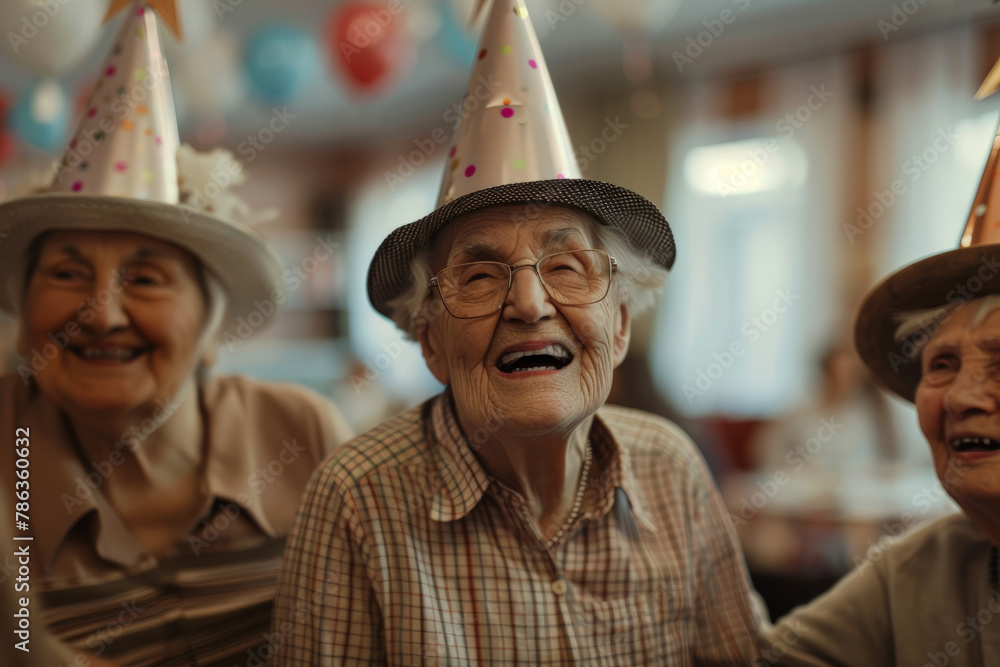 Smiling seniors doing the cha-cha in a decorated nursing home lounge, complete with a 'Happy Birthday' banner and confetti