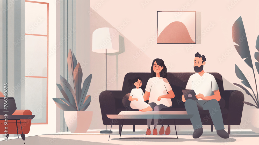 Family with little daughter resting on sofa in living room 