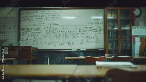 A close-up of a whiteboard in an empty classroom, filled with equations and formulas from a physics lesson. photo