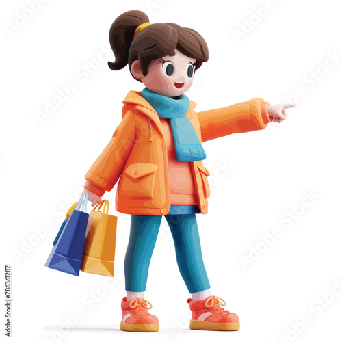 a little girl in an orange jacket pointing at something