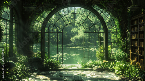 A serene view through an arched window overlooking a lush garden and tranquil pond  surrounded by green foliage and sunlight filtering through.